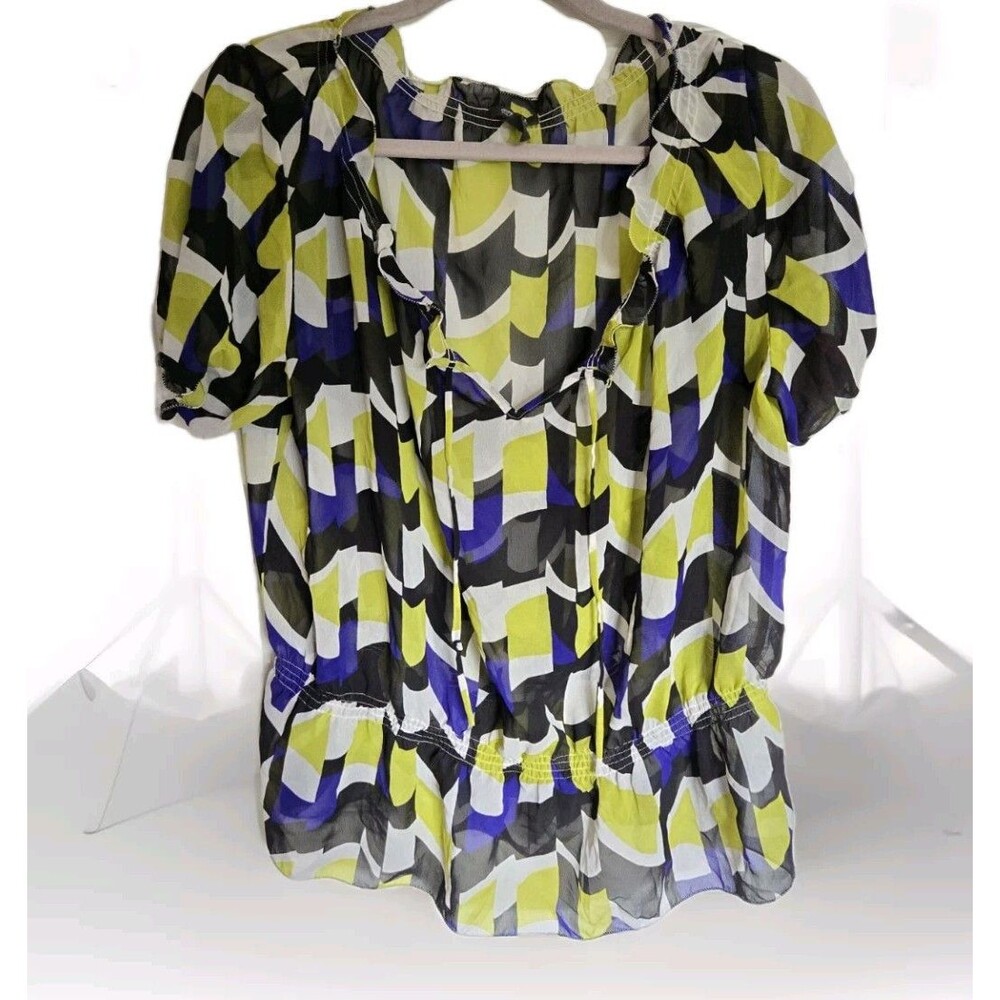 Kenneth Cole Reaction Blouse Top Womens 12 Sheer Geometrical Multicolor Shirt